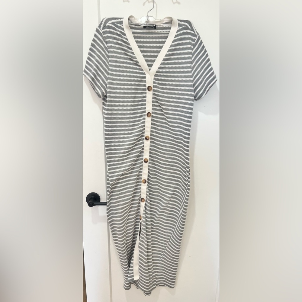 Striped Gray Midi Dress with Button Detail